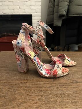 Aldo Floral Pink Block Heel Sandals with Ankle Strap